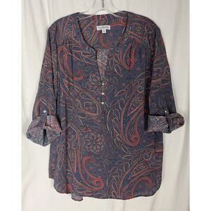 Kim Roger Top Womens XL Button Up Shirt Blue Pink Paisley Long‎ Sleeve Roll Tab
